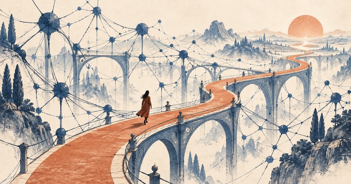 A terracotta path winds through an intricate blue network, supported by arches and safeguards on warm ivory paper.