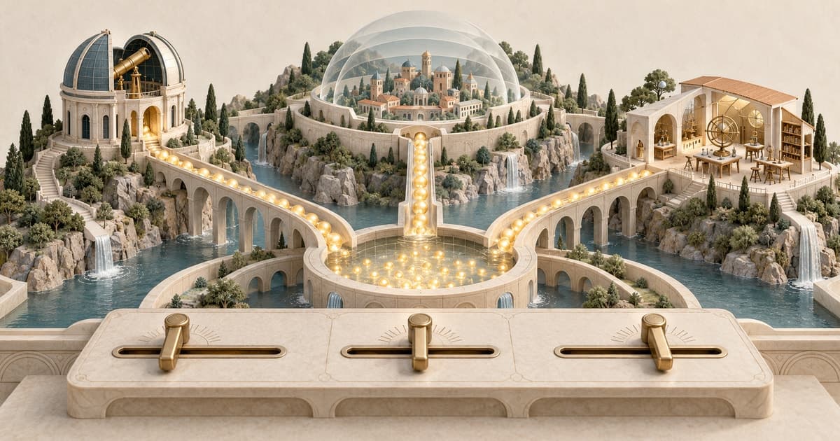 Three physical sliders direct glowing resources through aqueducts to an observatory, a protected city, and a research workshop.